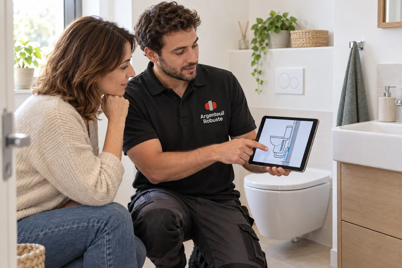Plombier en polo Argenteuil Robuste expliquant le diagnostic sur une tablette à une habitante, dans une salle de bains
