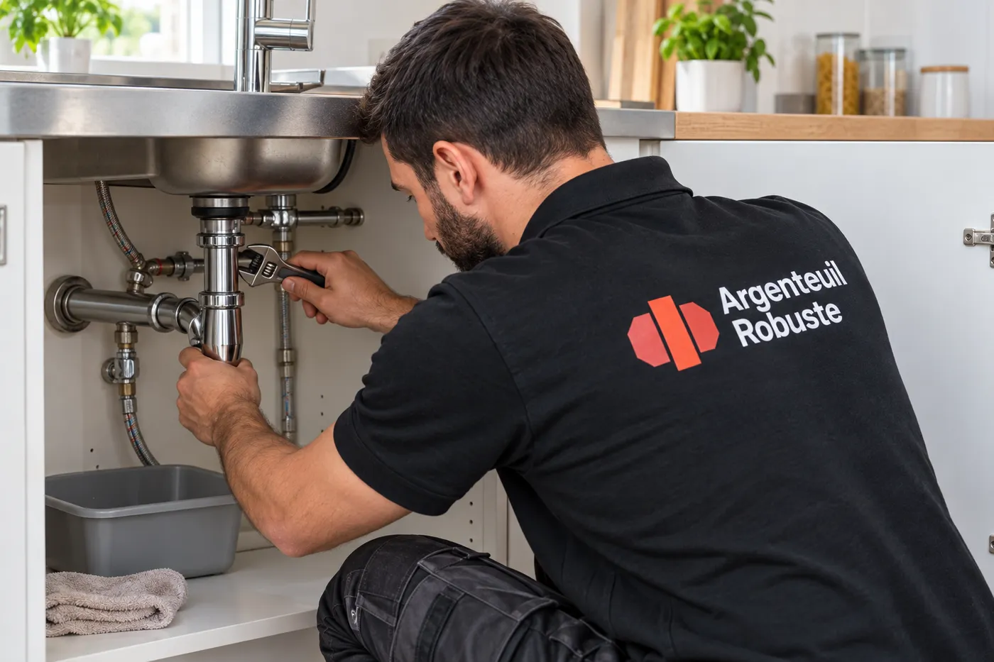 Plombier en polo Argenteuil Robuste resserrant le siphon et les flexibles sous un évier de cuisine à Argenteuil
