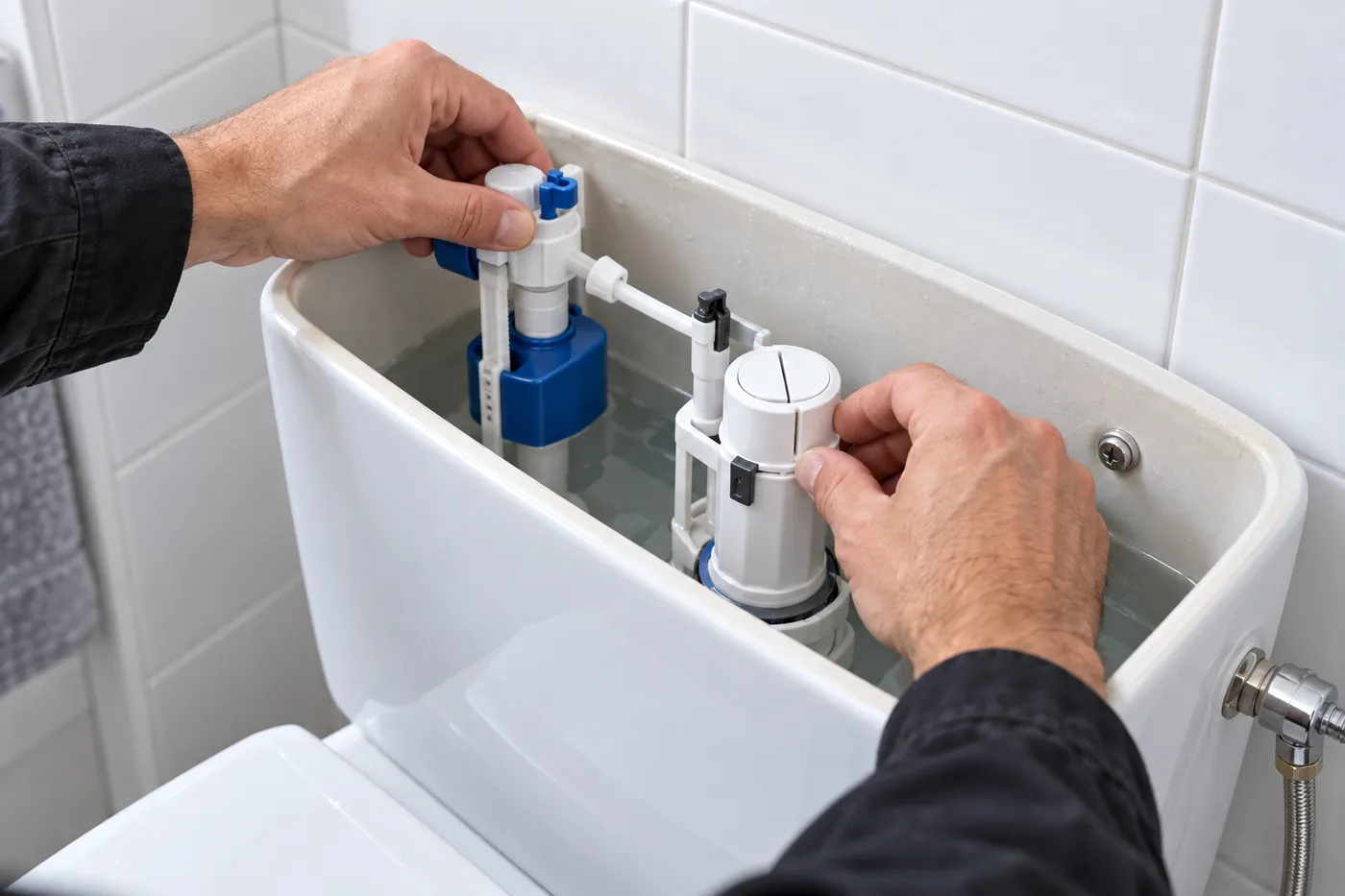 Réglage du mécanisme de chasse et du robinet flotteur dans un réservoir de WC ouvert