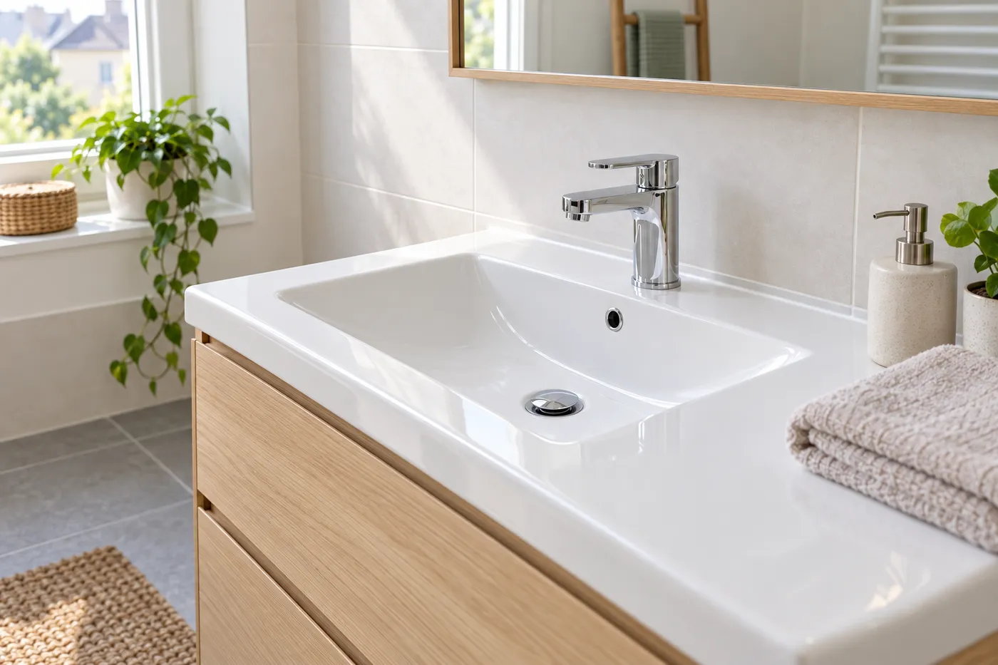 Vasque blanche et mitigeur posés sur un meuble de salle de bains, joints silicone refaits